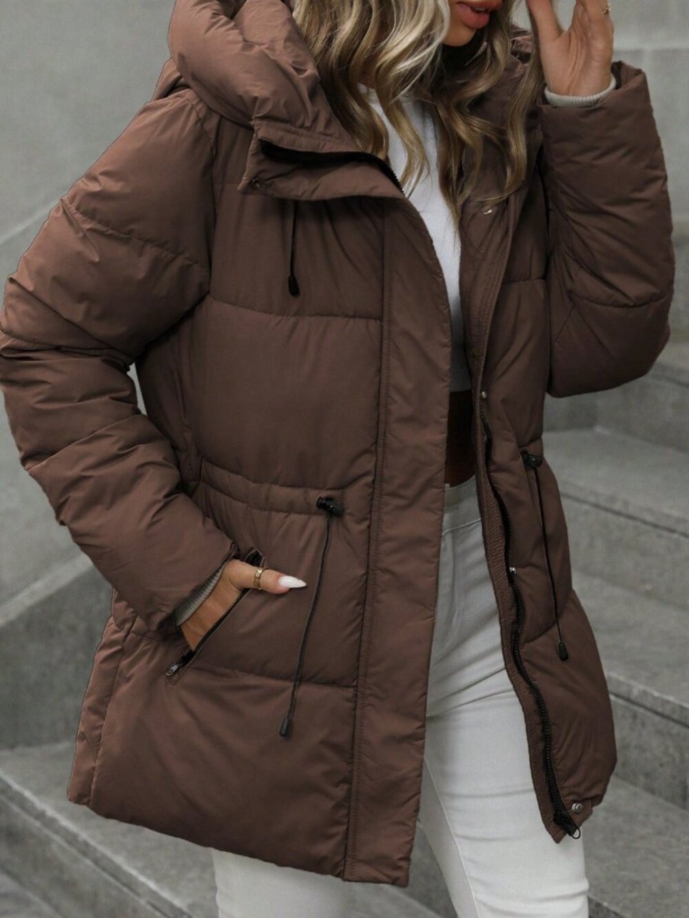 Coffee Brown Casual Women's Slim Waist Drawstring Hooded Puffer Jacket - Picture 5 of 5